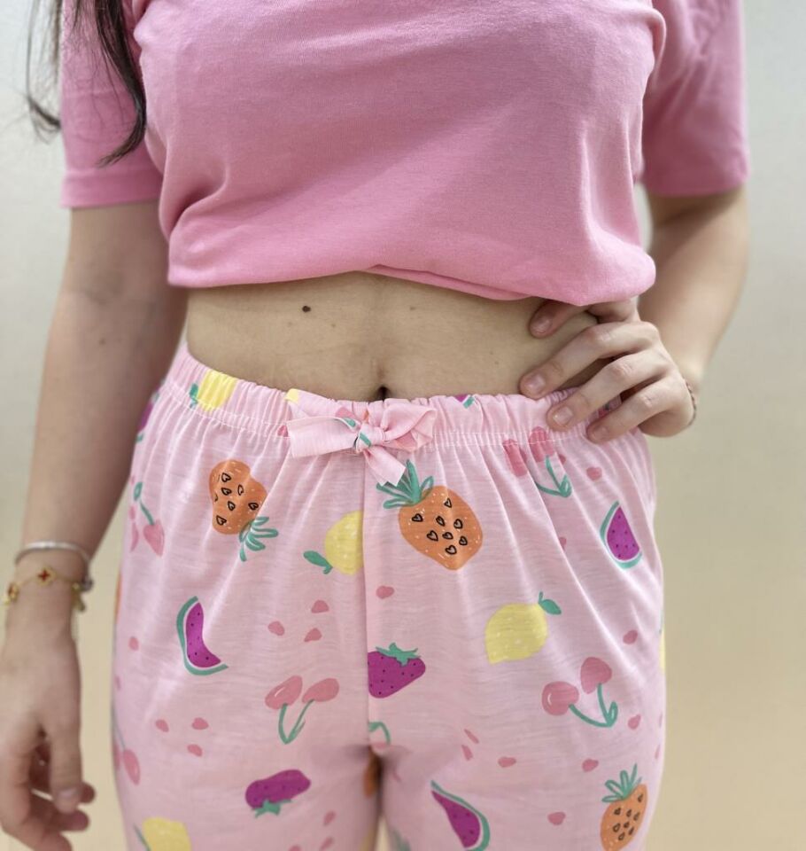 Kadın Lastikli Bel %100 Pamuk Kurdeleli Desenli Pijama Altı M - Pembe Karpuz