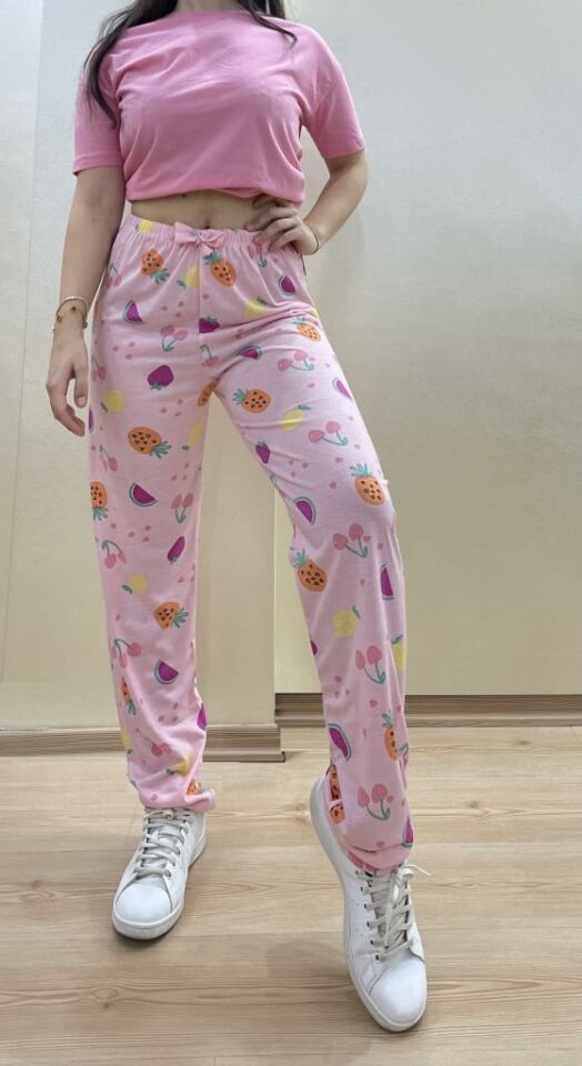 Kadın Lastikli Bel %100 Pamuk Kurdeleli Desenli Pijama Altı XL - Pembe Karpuz