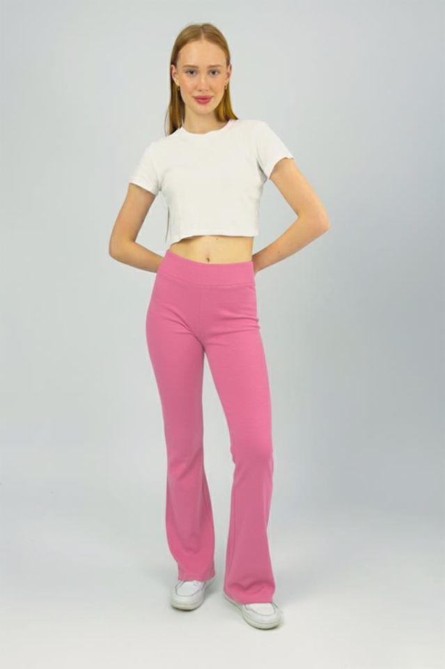 Kadın Yüksek Bel Likralı Esnek İspanyol Paça Pantolon Tayt Pembe - S