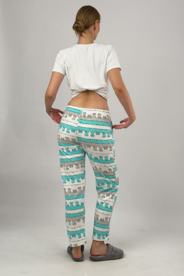 Kadın Cepli Pamuklu Lastikli Bel Kurdeleli Desenli Pijama Altı XL - Yeşil Kedi
