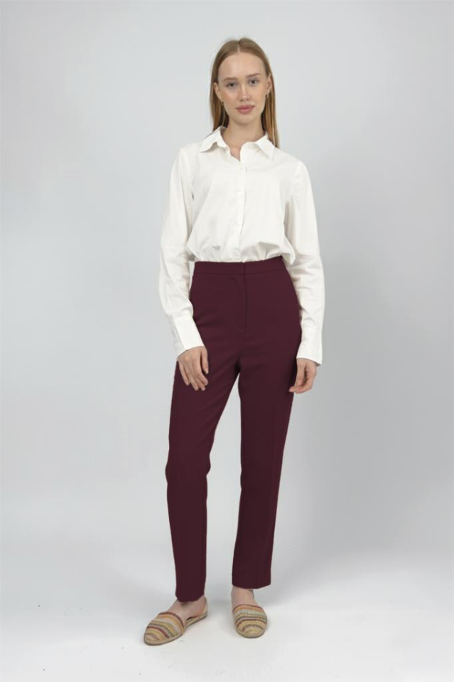 Kadın Yüksek bel Esnek/ Likralı Kumaş Havuç Kesim Pensli Pantolon Bordo - L