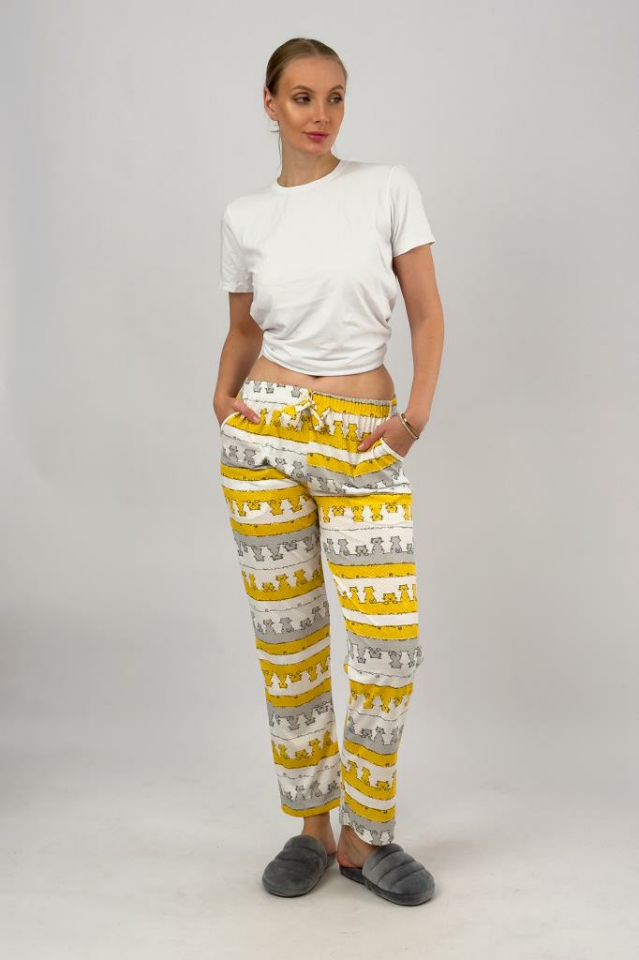 Kadın Cepli Pamuklu Lastikli Bel Kurdeleli Desenli Pijama Altı L - Sarı Kedi