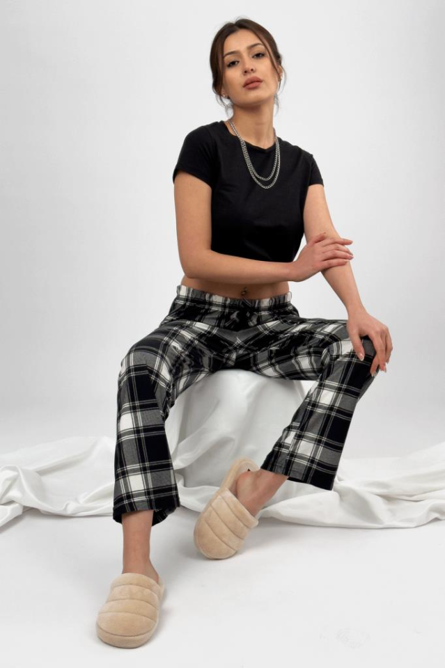 Kadın Kadife Pijama Altı Eşofman Pamuklu Yeni Siyah Kare - L