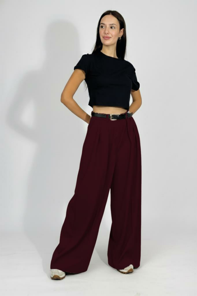 Kadın Pilili Cepli Kemerli Palazzo Pantolon Bordo - S