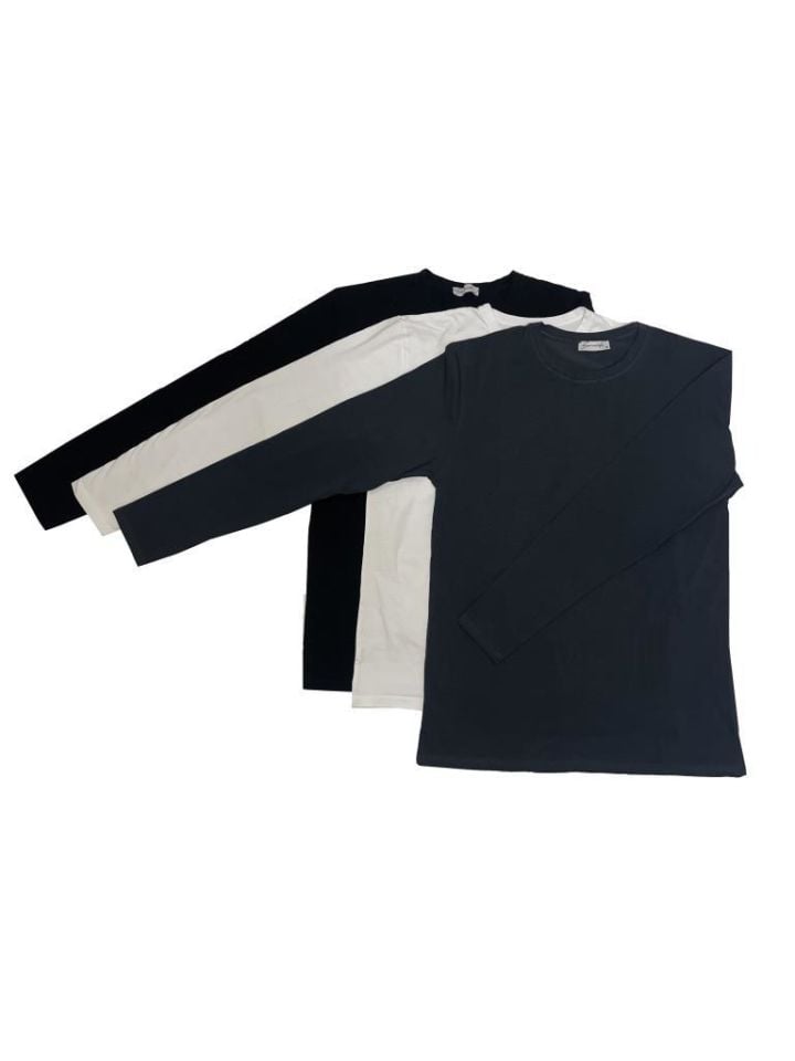 Slim Fit Dar Kesim Bisiklet Yaka Uzun Kol Pamuklu Tişört Beyaz Siyah Gri - 3XL