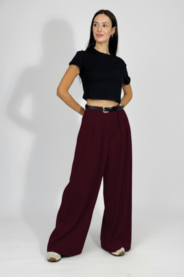 Kadın Pilili Cepli Kemerli Palazzo Pantolon Bordo - XL