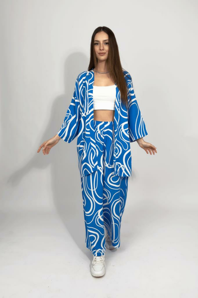 Dokuma Viskon Rahat Kesim Kimono Altı Uzun Takım MAVİ - 3XL