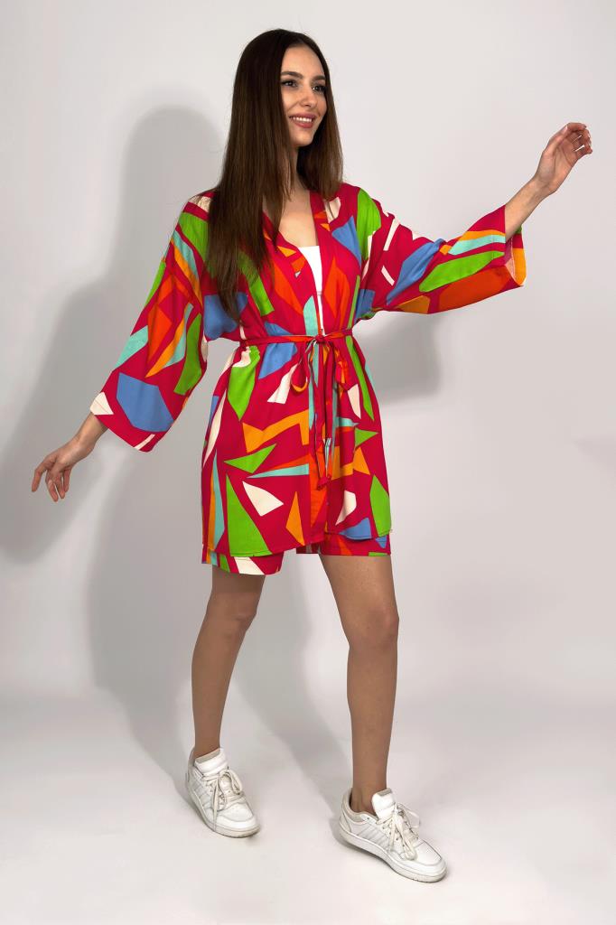 Dokuma Viskon Rahat Kesim Kimono Şort Alt Üst Takım YEŞİL - 3XL