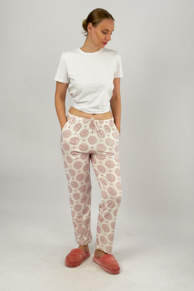 Kadın Cepli Pamuklu Lastikli Bel Kurdeleli Desenli Pijama Altı Bordo Şal - 2XL