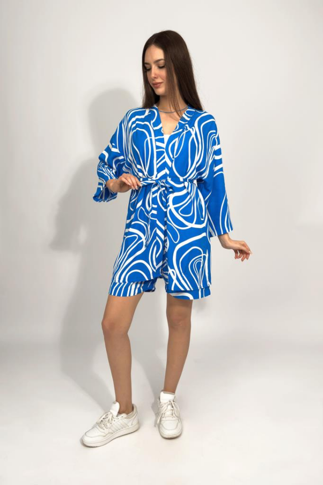 Dokuma Viskon Rahat Kesim Kimono Şort Alt Üst Takım MAVİ - M