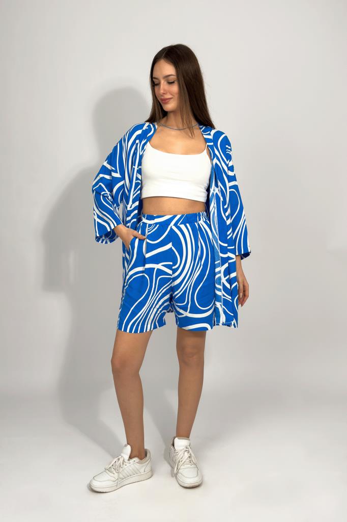 Dokuma Viskon Rahat Kesim Kimono Şort Alt Üst Takım MAVİ - M