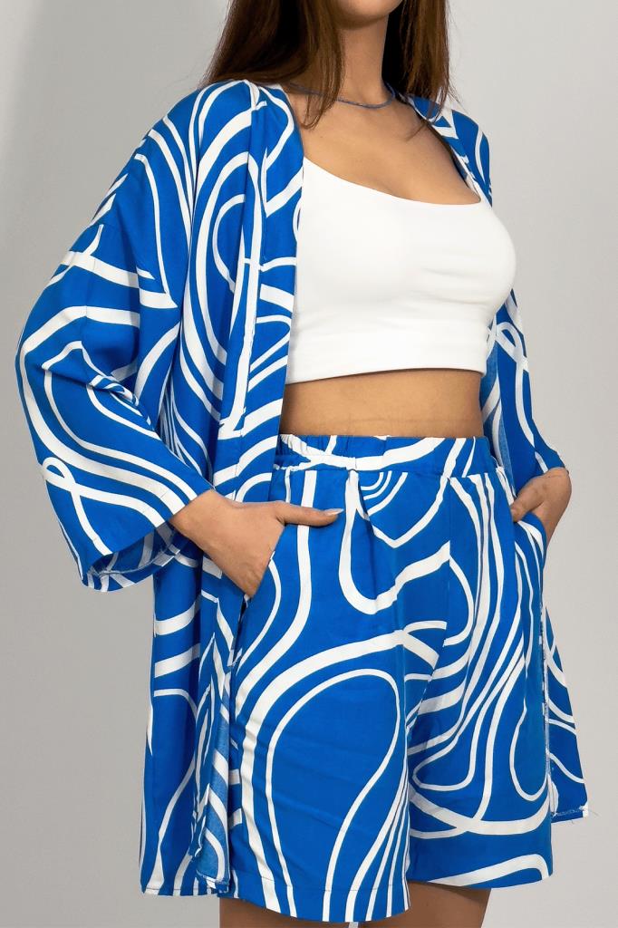 Dokuma Viskon Rahat Kesim Kimono Şort Alt Üst Takım MAVİ - M