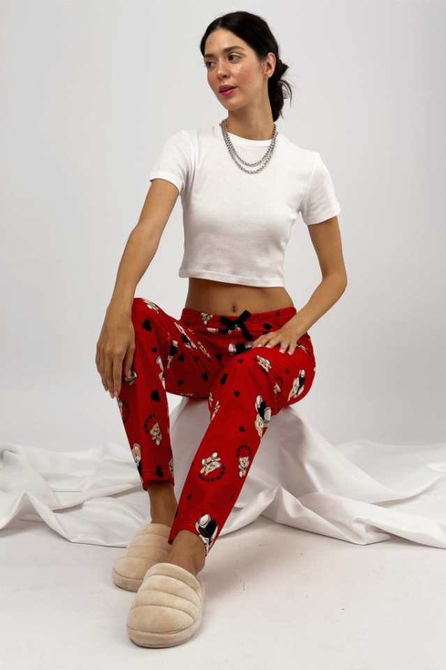 Kadın Kadife Pijama Altı Eşofman Pamuklu Kırmızı Ayıcık - 4XL