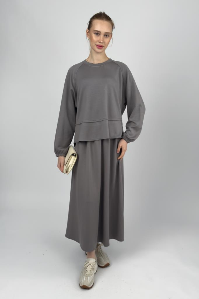 Kadın Yumuşak Dokulu Modal İçeren Etek Takım Füme - L/XL