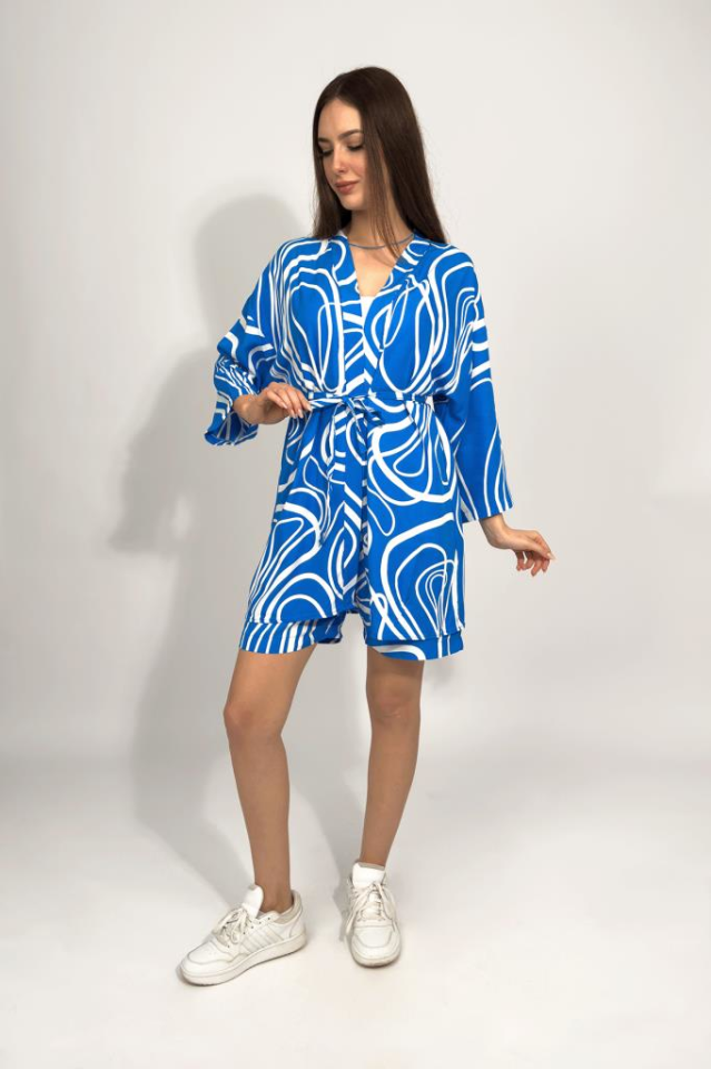 Dokuma Viskon Rahat Kesim Kimono Şort Alt Üst Takım MAVİ - XL