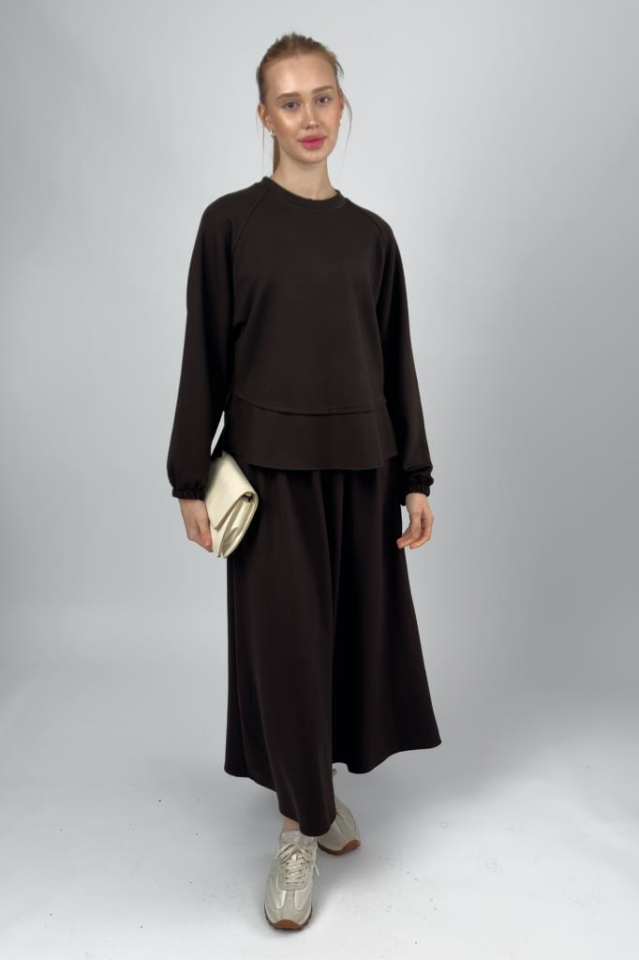 Kadın Yumuşak Dokulu Modal İçeren Etek Takım Kahve - S/M