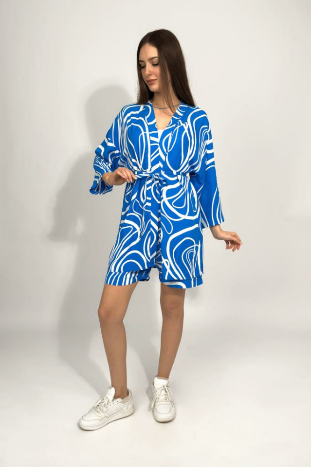 Dokuma Viskon Rahat Kesim Kimono Şort Alt Üst Takım MAVİ - 3XL