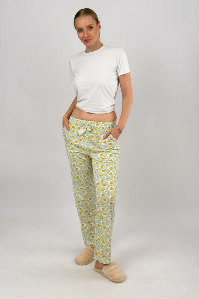 Kadın Cepli Pamuklu Lastikli Bel Kurdeleli Desenli Pijama Altı L - Sarı Yumurta