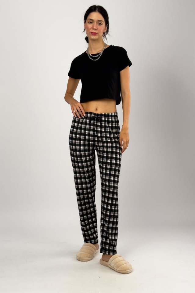 Kadın Kadife Pijama Altı Eşofman Pamuklu Siyah Pötikare - 2XL