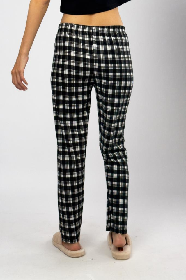 Kadın Kadife Pijama Altı Eşofman Pamuklu Siyah Pötikare - 2XL