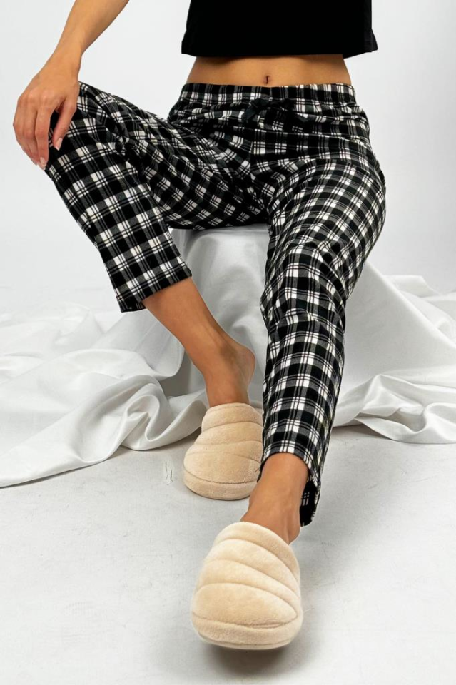 Kadın Kadife Pijama Altı Eşofman Pamuklu Siyah Pötikare - 2XL