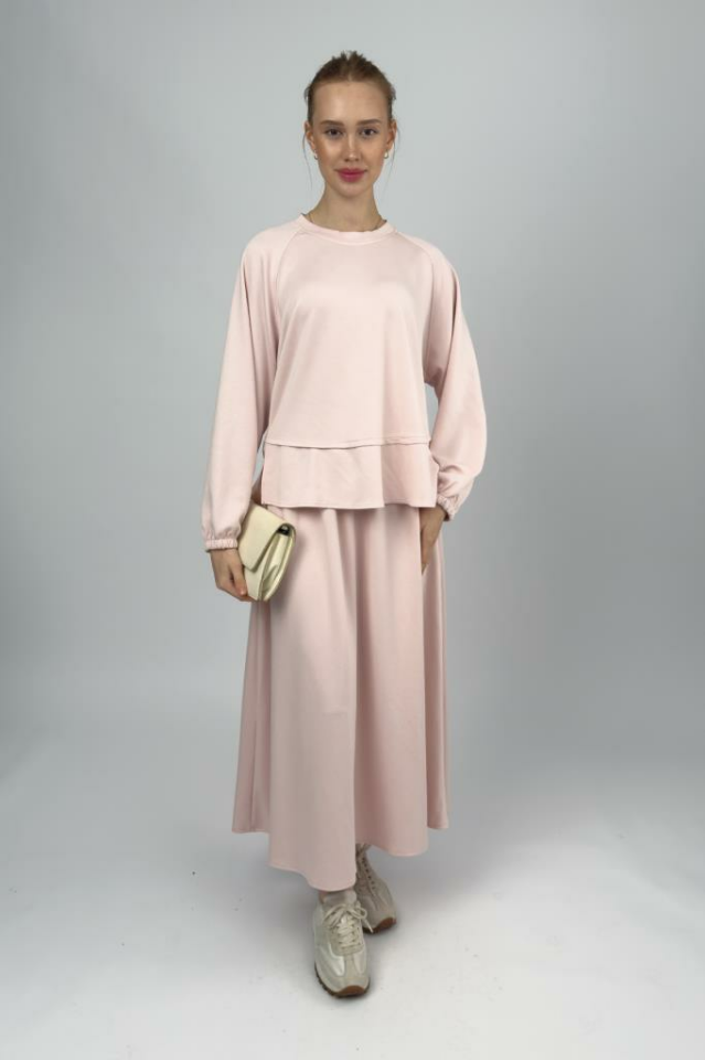 Kadın Yumuşak Dokulu Modal İçeren Etek Takım Pudra Pembe - S/M