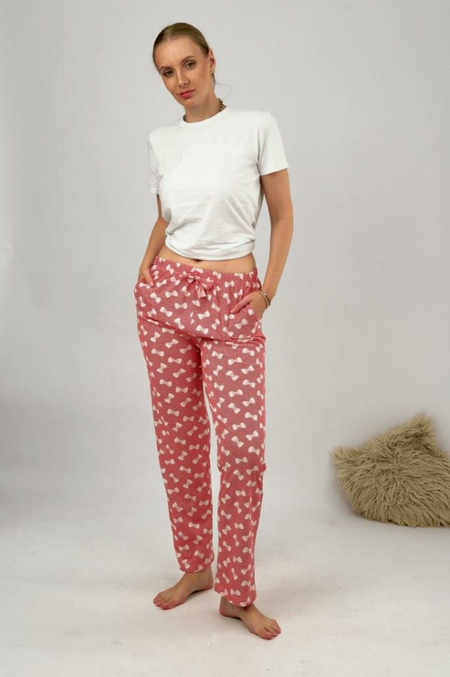 Kadın Cepli Pamuklu Lastikli Bel Kurdeleli Desenli Pijama Altı S - Kırmızı Fiyonk