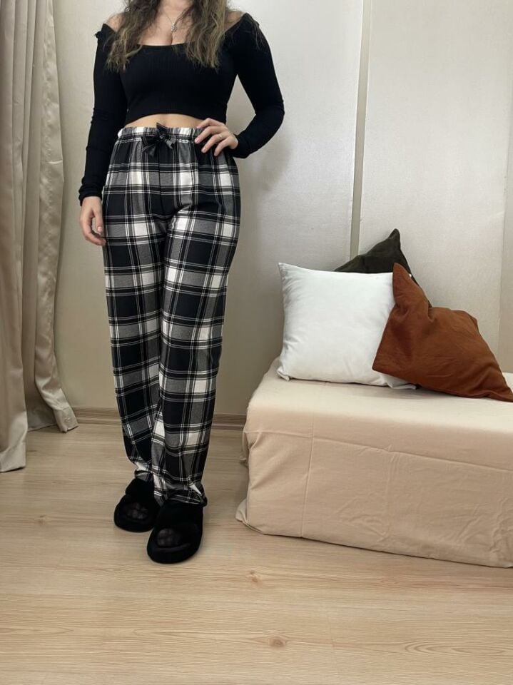Kadın Kadife Pijama Altı Eşofman Pamuklu Yeni Siyah Kare - 5XL