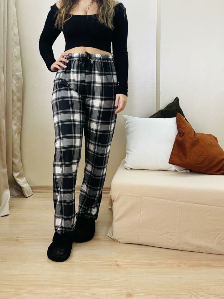 Kadın Kadife Pijama Altı Eşofman Pamuklu Yeni Siyah Kare - 5XL