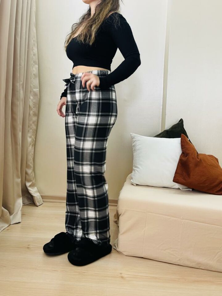 Kadın Kadife Pijama Altı Eşofman Pamuklu Yeni Siyah Kare - 5XL