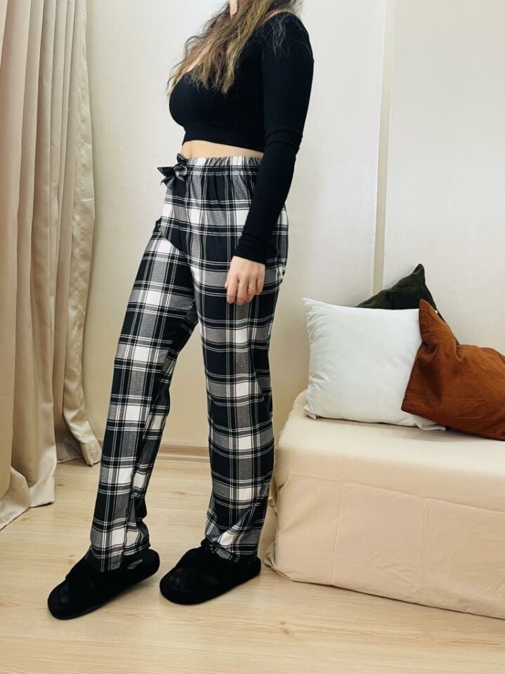 Kadın Kadife Pijama Altı Eşofman Pamuklu Yeni Siyah Kare - 5XL