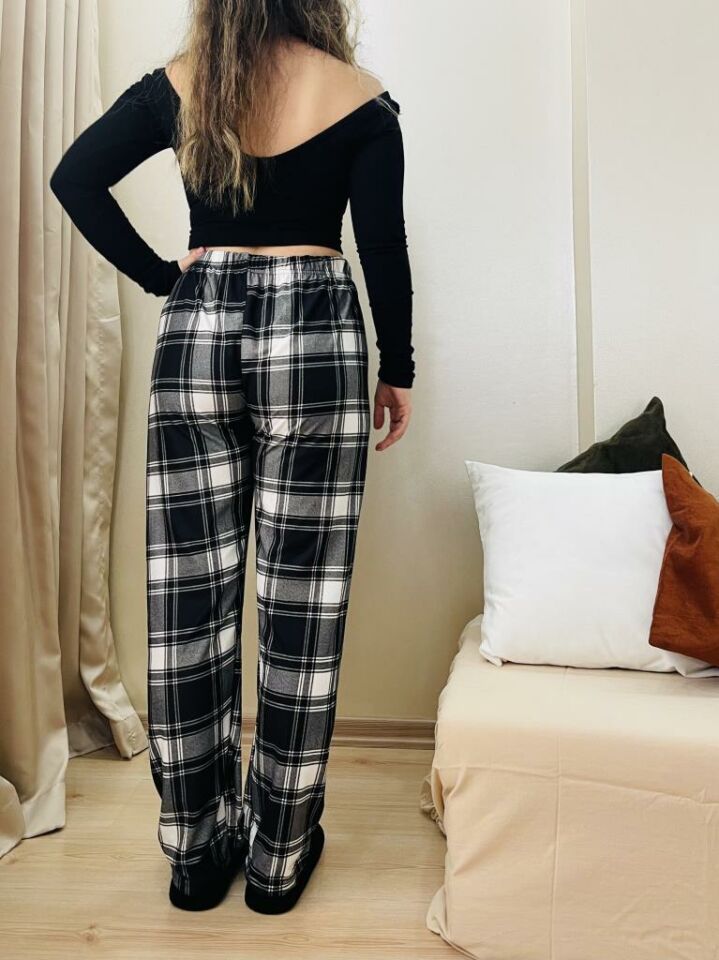 Kadın Kadife Pijama Altı Eşofman Pamuklu Yeni Siyah Kare - 5XL