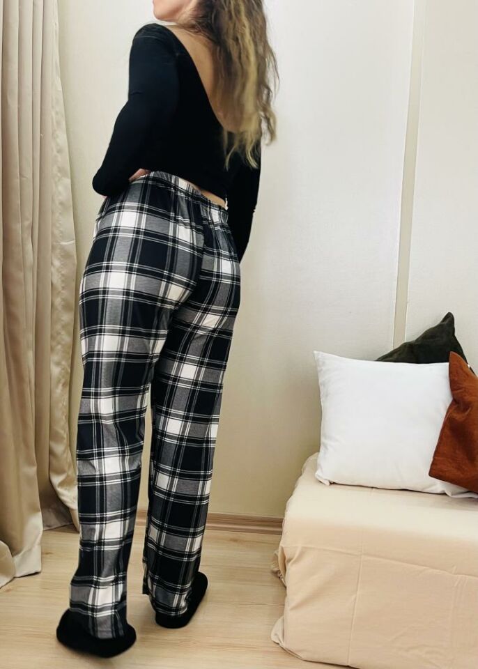 Kadın Kadife Pijama Altı Eşofman Pamuklu Yeni Siyah Kare - 5XL