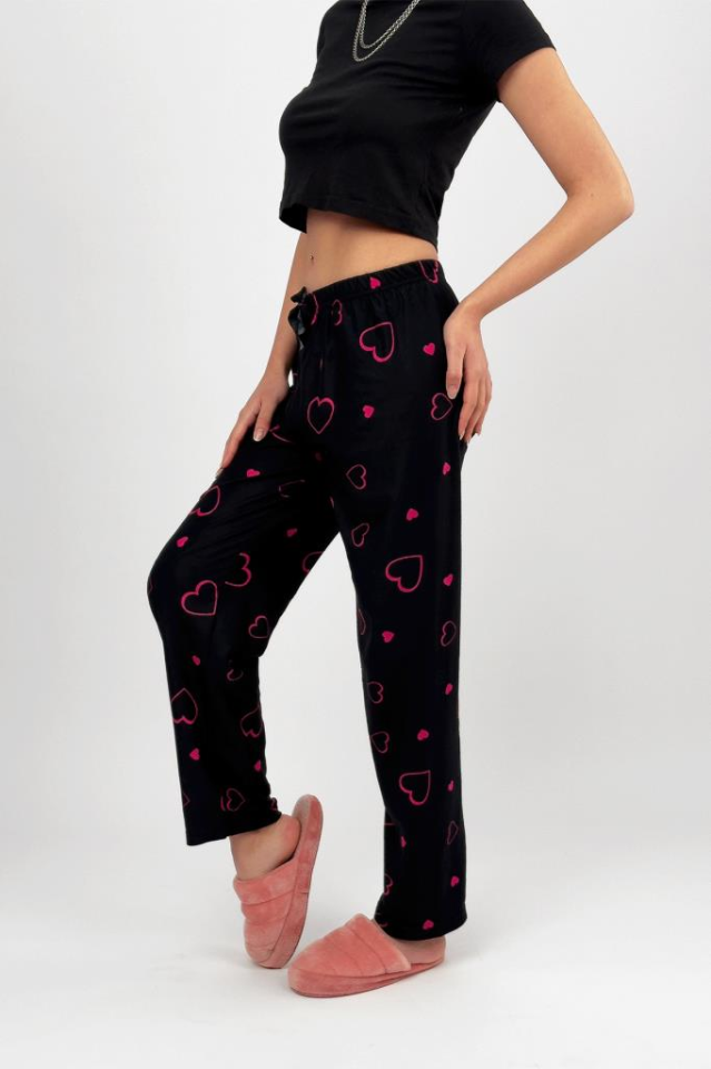 Kadın Kadife Pijama Altı Eşofman Pamuklu Fuşya Kalp - S