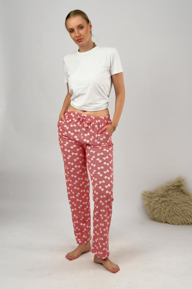 Kadın Cepli Pamuklu Lastikli Bel Kurdeleli Desenli Pijama Altı 2XL - Kırmızı Fiyonk