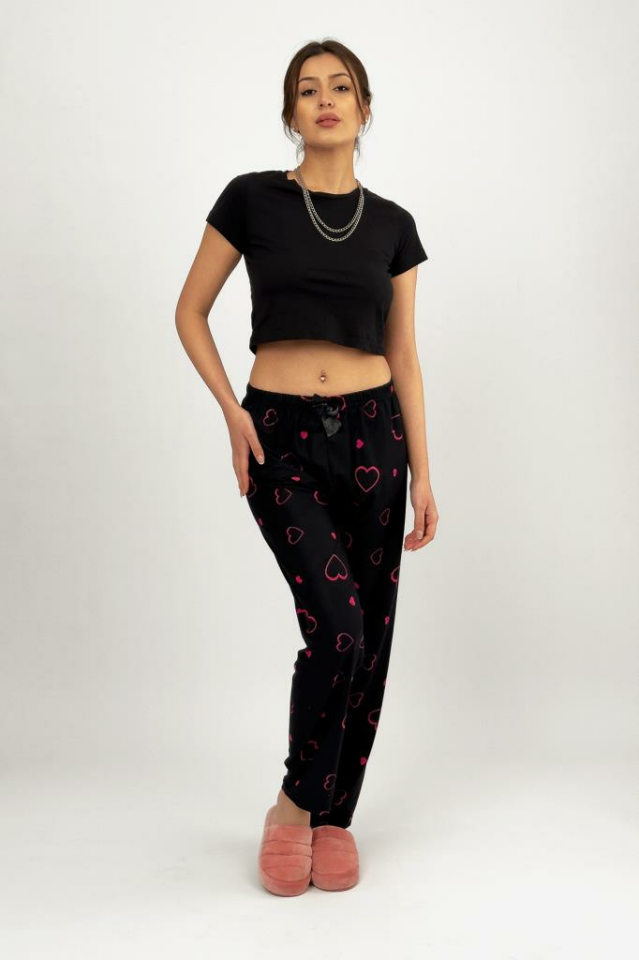 Kadın Kadife Pijama Altı Eşofman Pamuklu Fuşya Kalp - XL