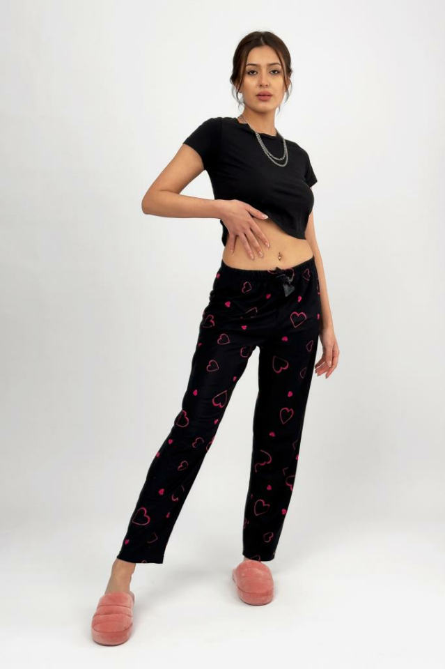 Kadın Kadife Pijama Altı Eşofman Pamuklu Fuşya Kalp - XL