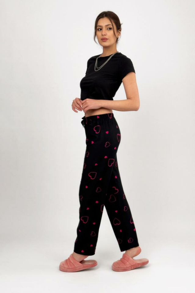 Kadın Kadife Pijama Altı Eşofman Pamuklu Fuşya Kalp - XL