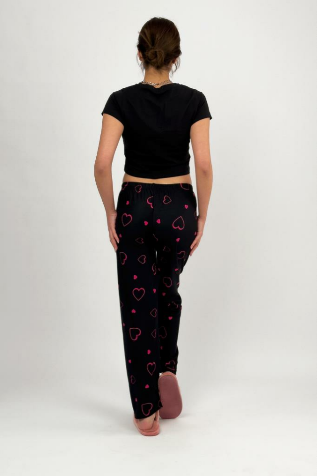 Kadın Kadife Pijama Altı Eşofman Pamuklu Fuşya Kalp - XL