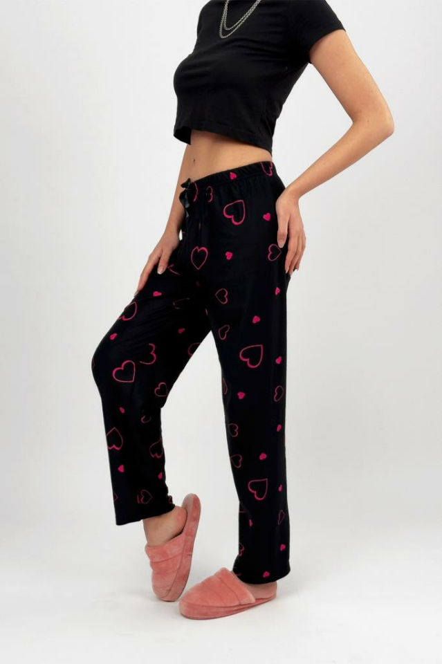 Kadın Kadife Pijama Altı Eşofman Pamuklu Fuşya Kalp - XL