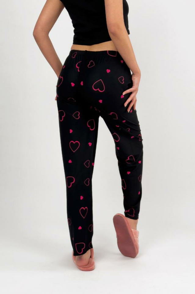 Kadın Kadife Pijama Altı Eşofman Pamuklu Fuşya Kalp - XL