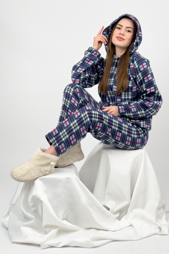 Kadın Kışlık Polar Alt-Üst Lastikli Bel Kapüşonlu Pijama Takımı S/M - Mavi Kare