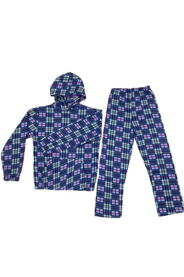 Kadın Kışlık Polar Alt-Üst Lastikli Bel Kapüşonlu Pijama Takımı 2XL/3XL - Mavi Kare