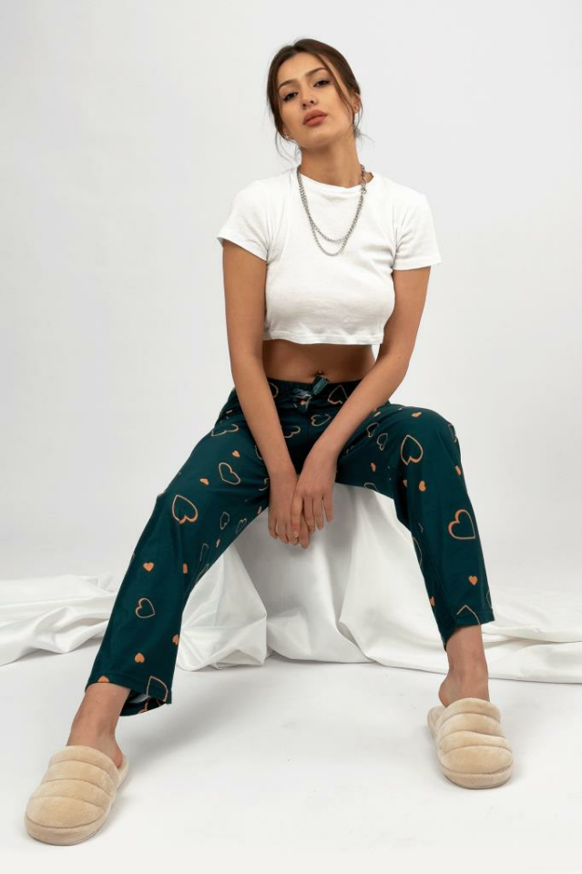 Kadın Kadife Pijama Altı Eşofman Pamuklu Yeşil Kalp - 2XL