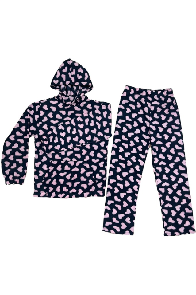 Kadın Kışlık Polar Alt-Üst Lastikli Bel Kapüşonlu Pijama Takımı S/M - Siyah Kalp
