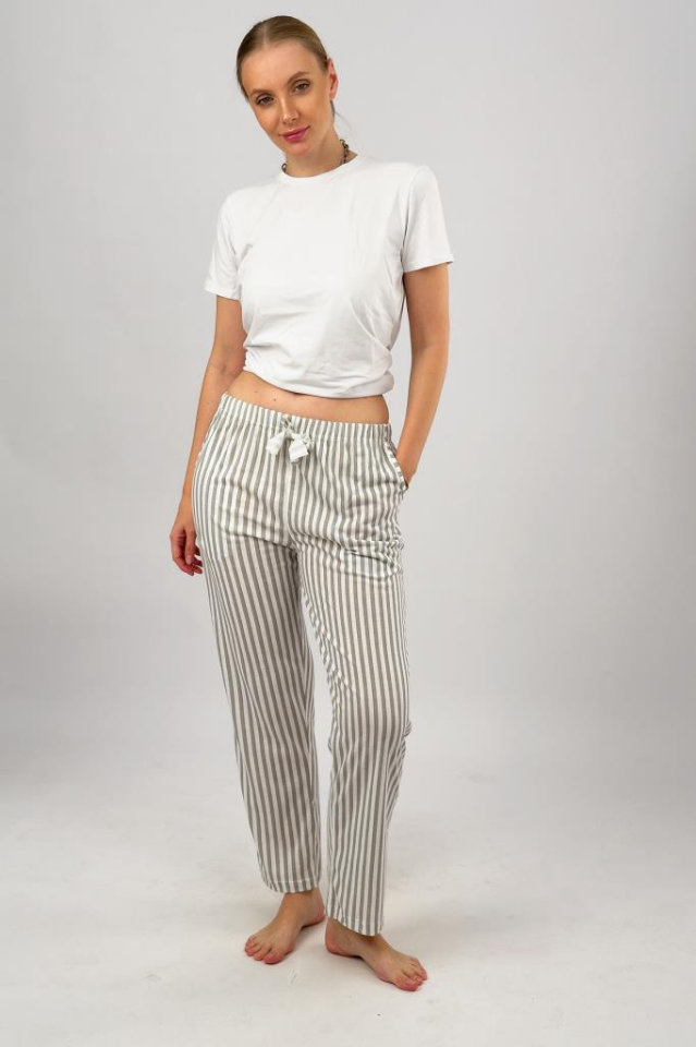 Kadın Cepli Pamuklu Lastikli Bel Kurdeleli Desenli Pijama Altı Gri Çizgili - S