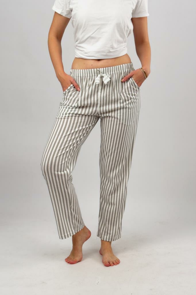 Kadın Cepli Pamuklu Lastikli Bel Kurdeleli Desenli Pijama Altı Gri Çizgili - XL