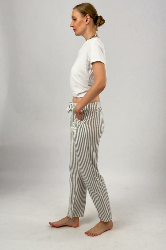 Kadın Cepli Pamuklu Lastikli Bel Kurdeleli Desenli Pijama Altı Gri Çizgili - XL