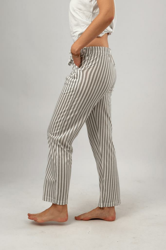 Kadın Cepli Pamuklu Lastikli Bel Kurdeleli Desenli Pijama Altı Gri Çizgili - XL