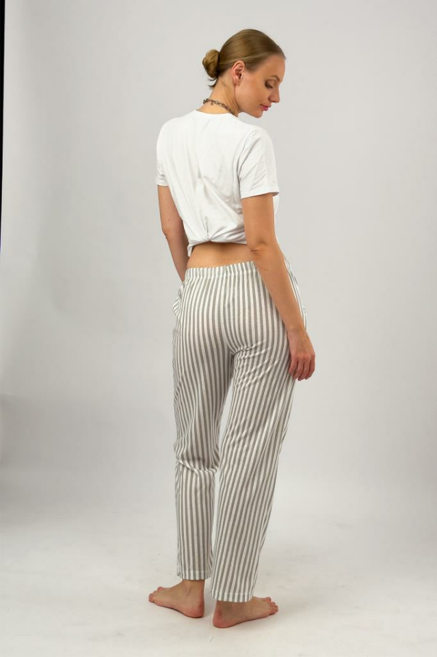 Kadın Cepli Pamuklu Lastikli Bel Kurdeleli Desenli Pijama Altı Gri Çizgili - XL